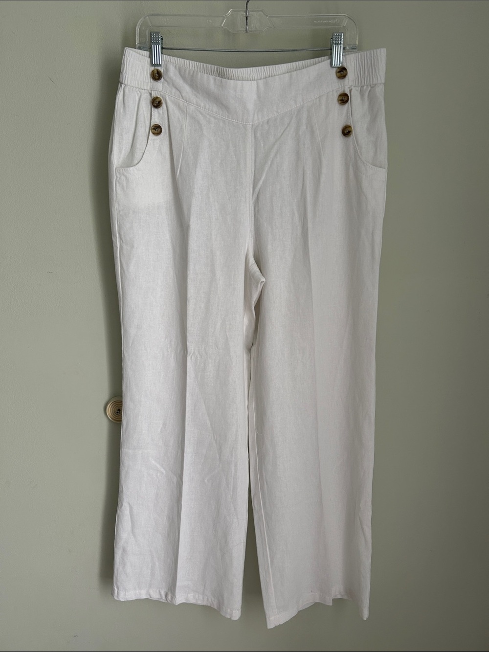 High-Rise White Wide-Leg Pants with Button Detail